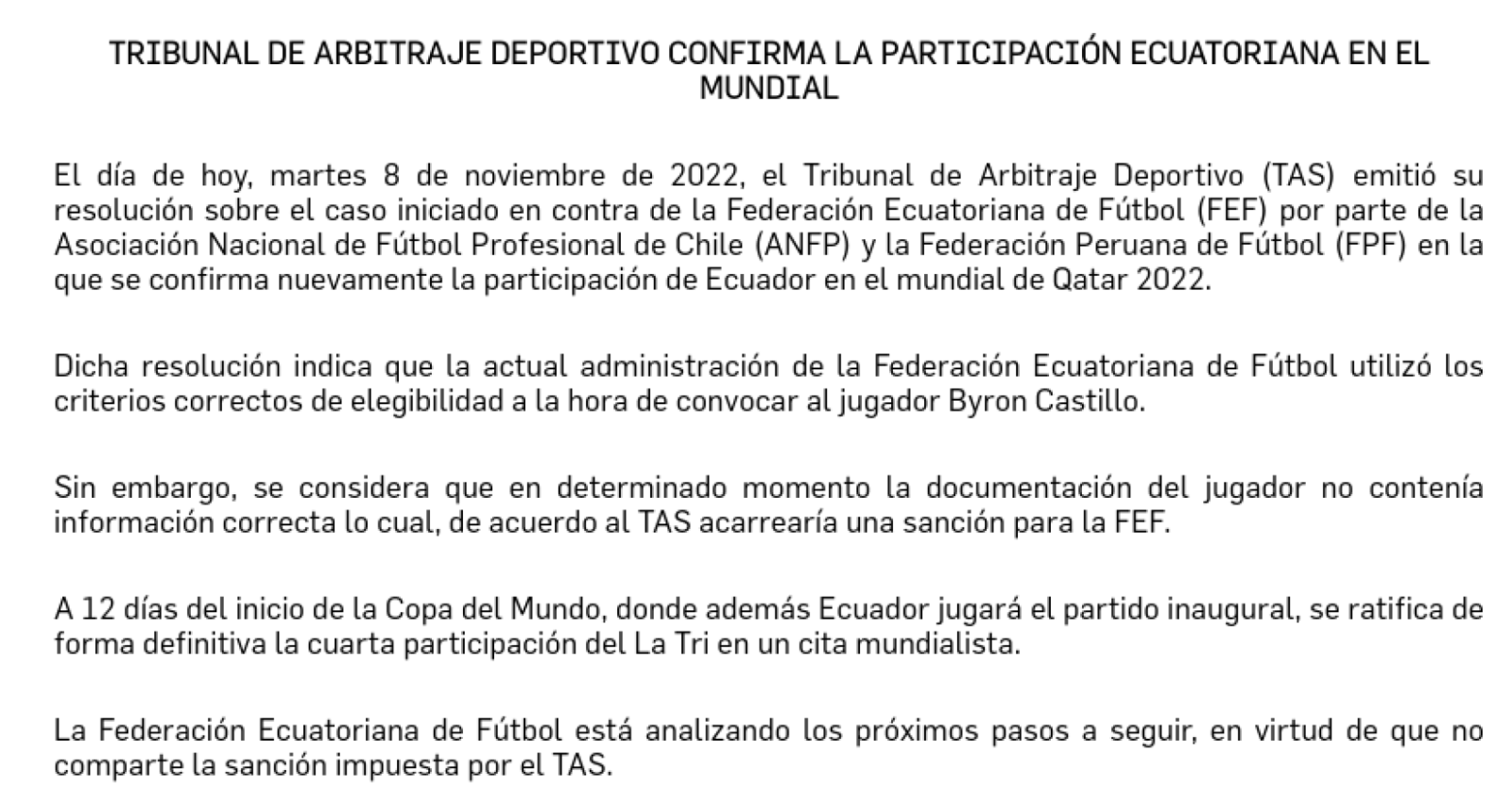 Imagen El comunicado de la Federación Ecuatoriana de Fútbol.