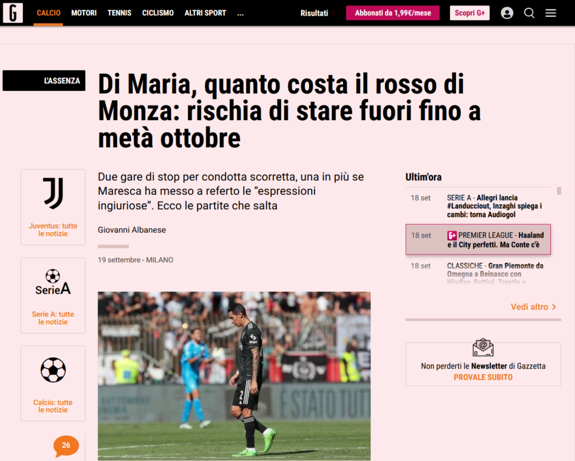 Imagen La Gazzetta Dello Sport y la probable suspensión de Di María.