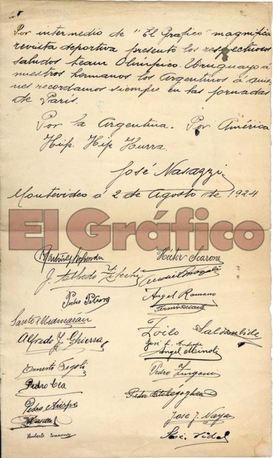 Imagen EXCLUSIVO DE EL GRÁFICO: la carta oríginal firmada por José Nasazzi y todos los campeones de 1924