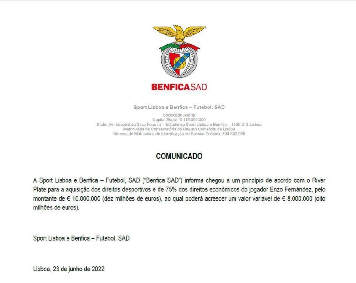 Imagen El comunicado del Benfica.