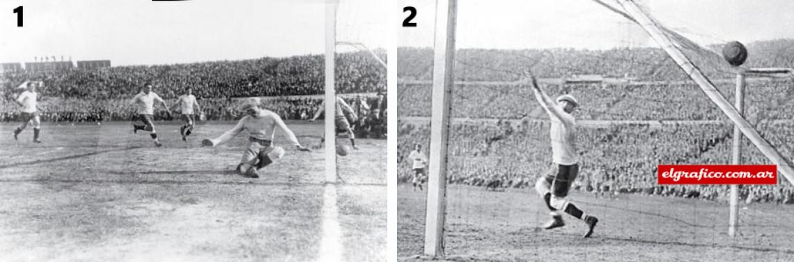 Imagen 1: Dorado define entre las piernas de Botasso (1-0). 2: Ballestero no puede con el remate de Peucelle (1-1).