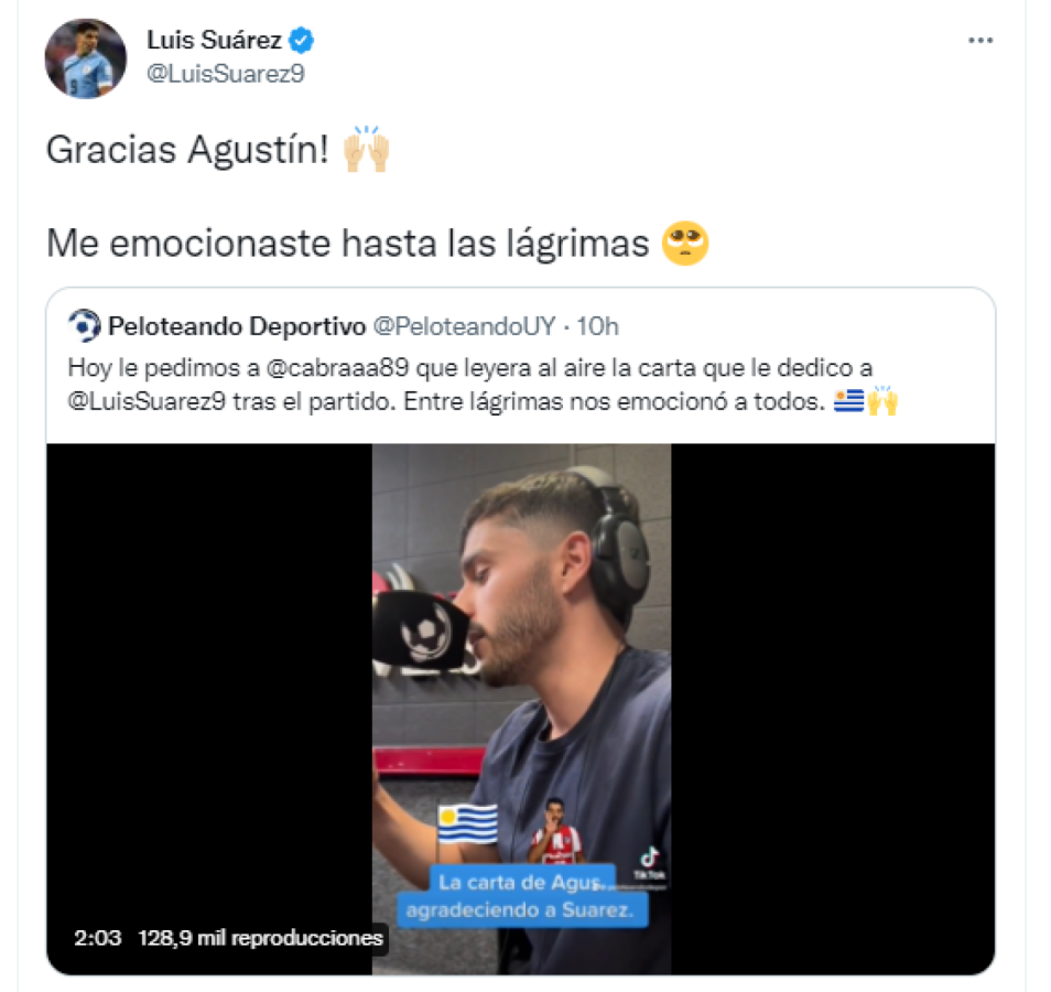 Imagen El tuit de Suárez, emocionado por la carta. 