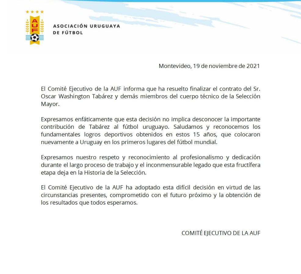 Imagen El comunicado de la AUF, comunicando el despido de Tabárez.