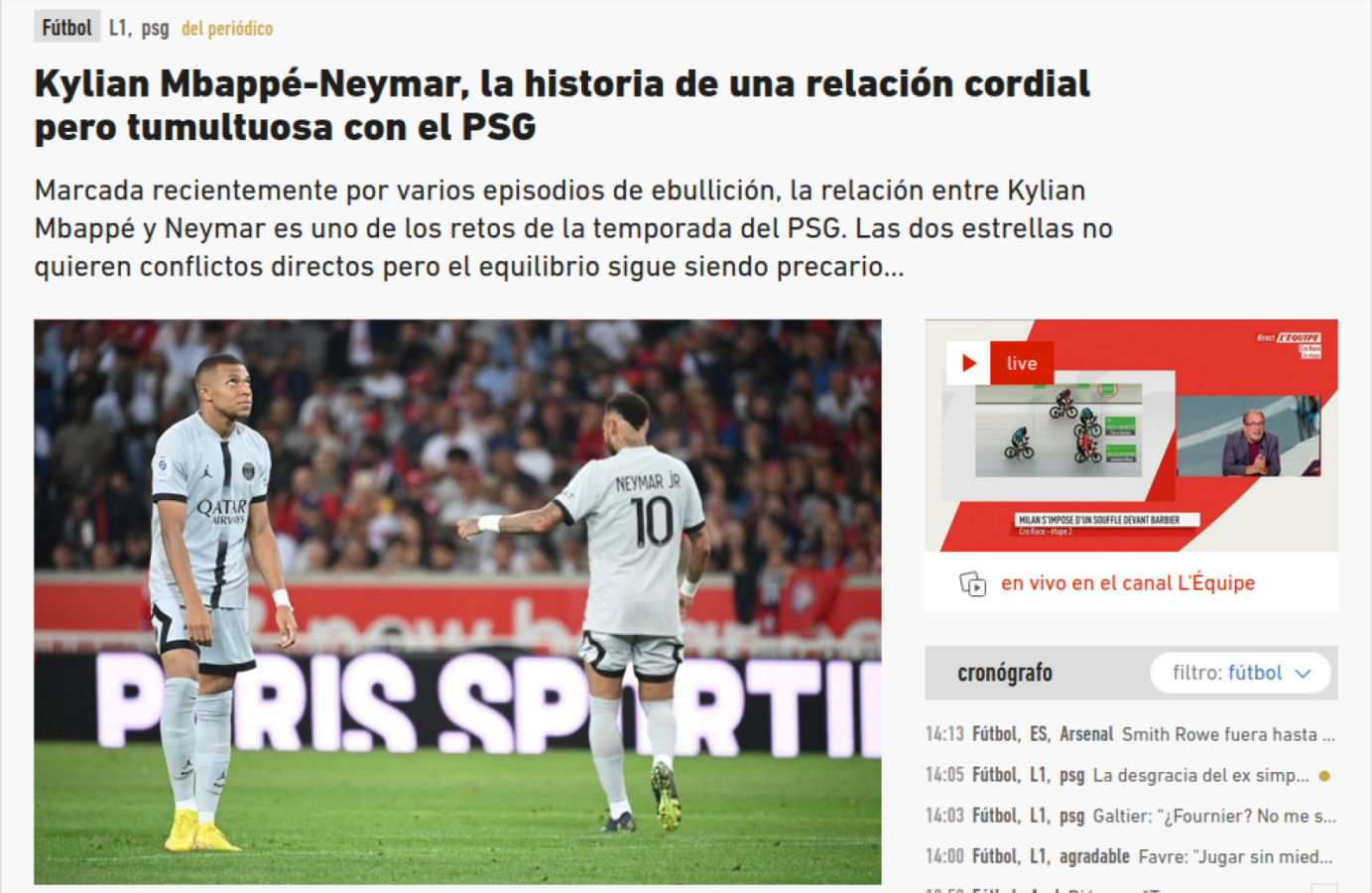 Imagen El conflicto entre Mbappe y Neymar segùn L`Equipe.