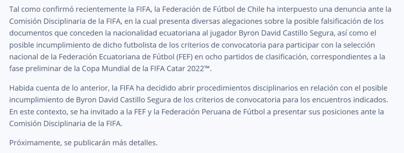 Imagen El comunicado de FIFA.