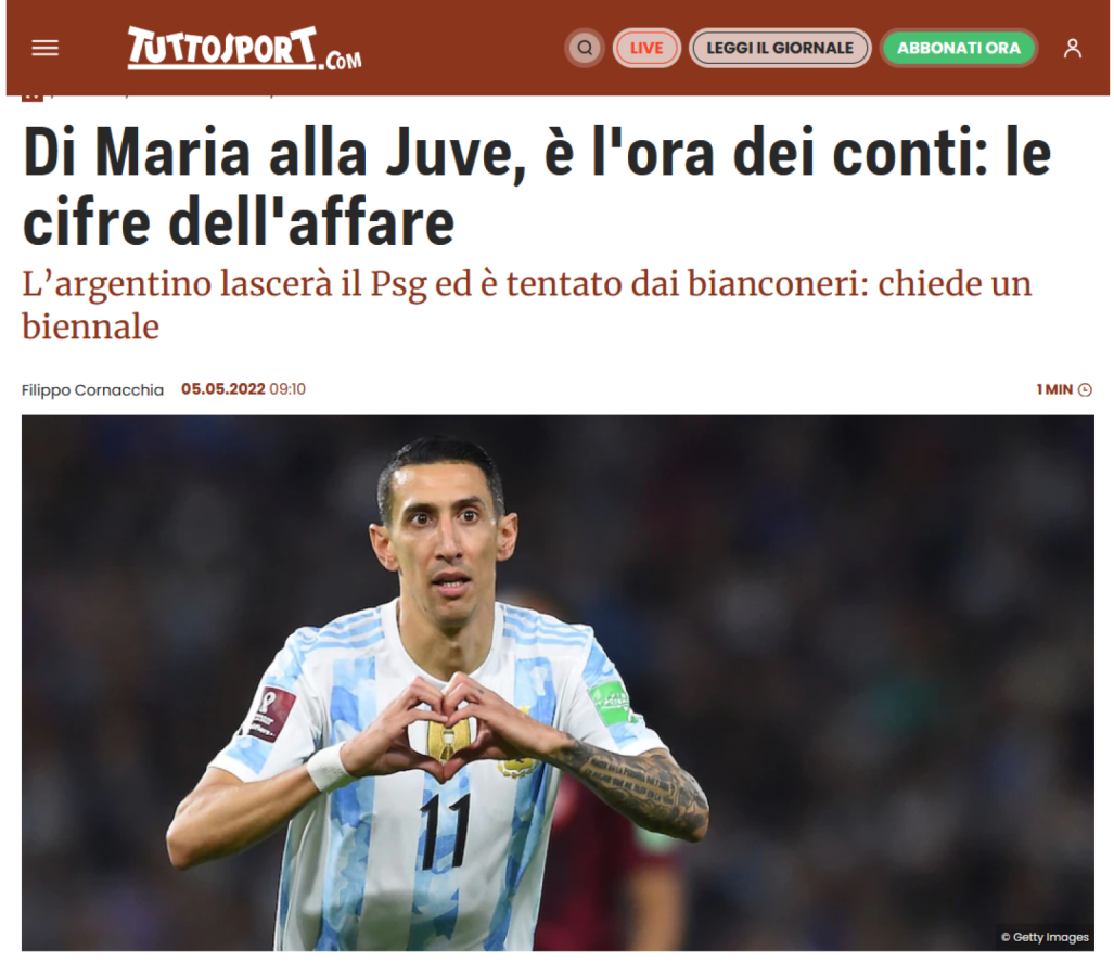 Imagen Tuttosport y el interés de la Juve por Di María.