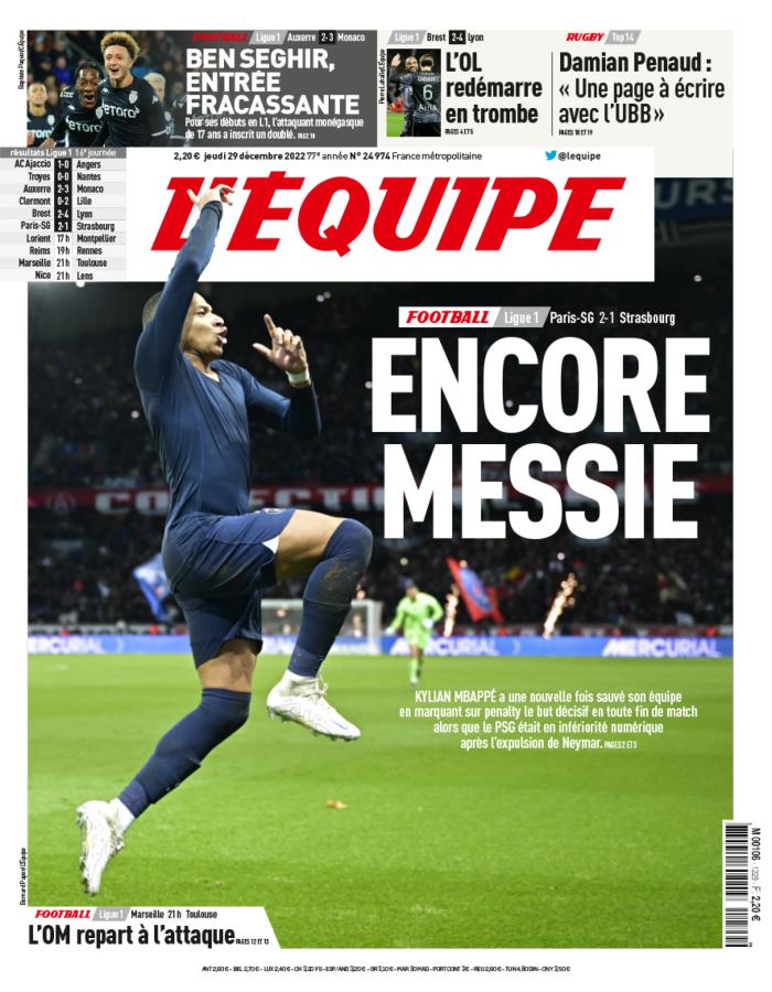 Imagen La tapa de L'Equipe con Mbappé como protagonista y la leyenda: "Mesías otra vez", en obvia referencia a Messi.
